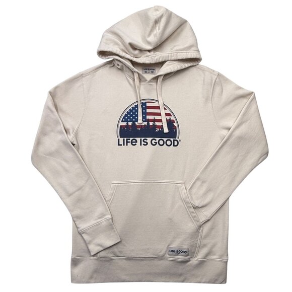 Life is Good American Flag Trees Graphic Hoodie Patriotic USA Forest Cream Men M - Picture 1 of 10